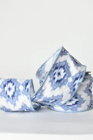 2.5" x 10yd Blue   White Ikat Printed Wired Ribbon