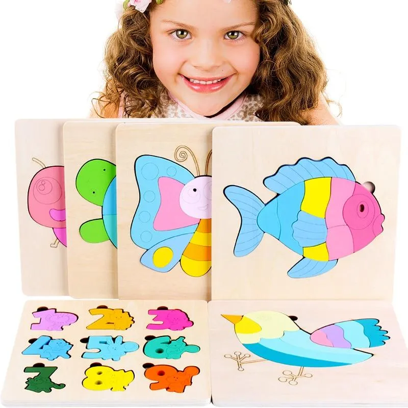 3D Wooden Puzzle Jigsaw Toys For Children Wood 3d Cartoon Animal Puzzles Intelligence Kids Early Educational Toys for children