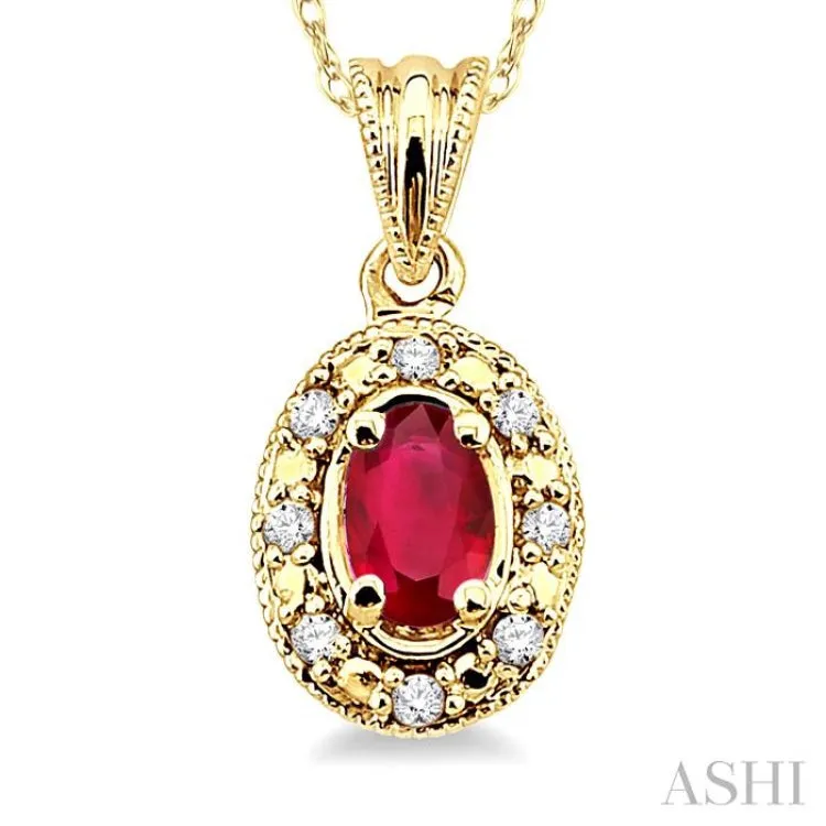 5x3mm Oval Shape Ruby and 1/20 Ctw Single Cut Diamond Pendant in 14K Yellow Gold with Chain