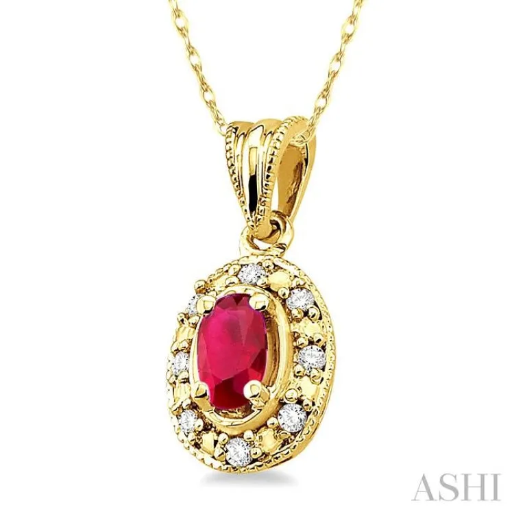 5x3mm Oval Shape Ruby and 1/20 Ctw Single Cut Diamond Pendant in 14K Yellow Gold with Chain