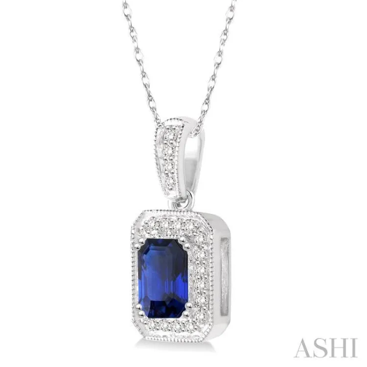 6x4 mm Emerald Cut Sapphire and 1/5 Ctw Round Cut Diamond Pendant in 14K White Gold with Chain