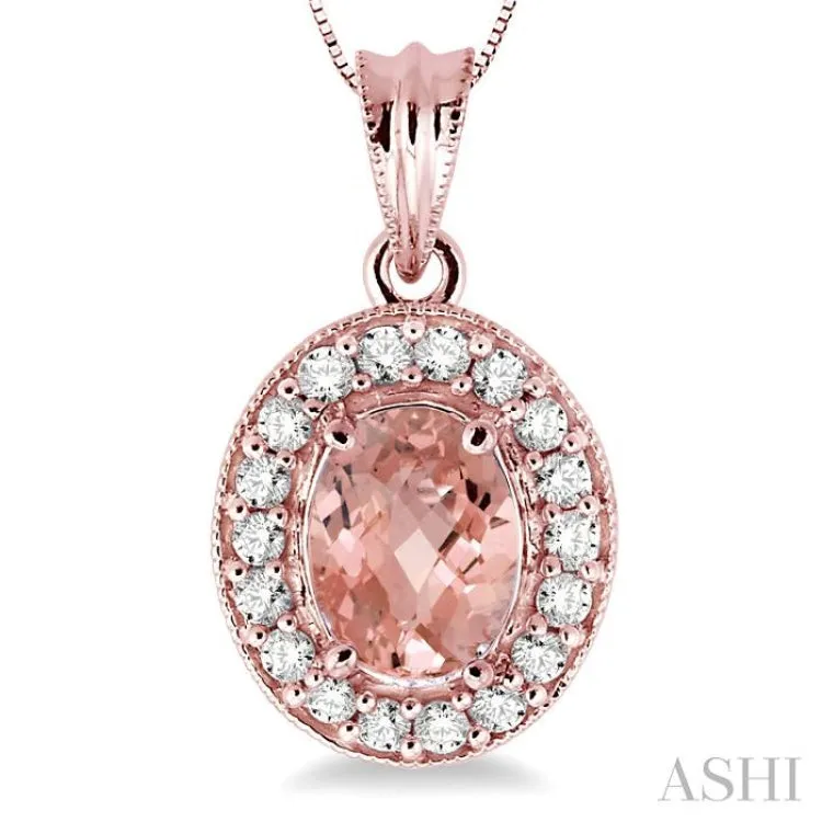 8x6mm Oval Cut Morganite and 1/3 Ctw Round Cut Diamond Pendant in 14K Rose Gold with Chain