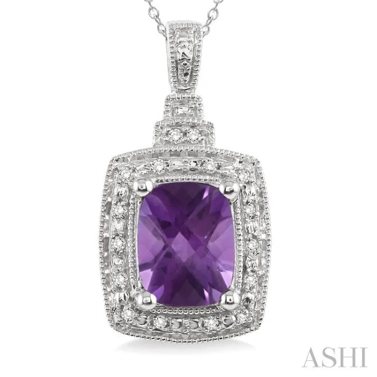 9x7MM Cushion Cut Amethyst and 1/10 Ctw Single Cut Diamond Pendant in Sterling Silver with Chain