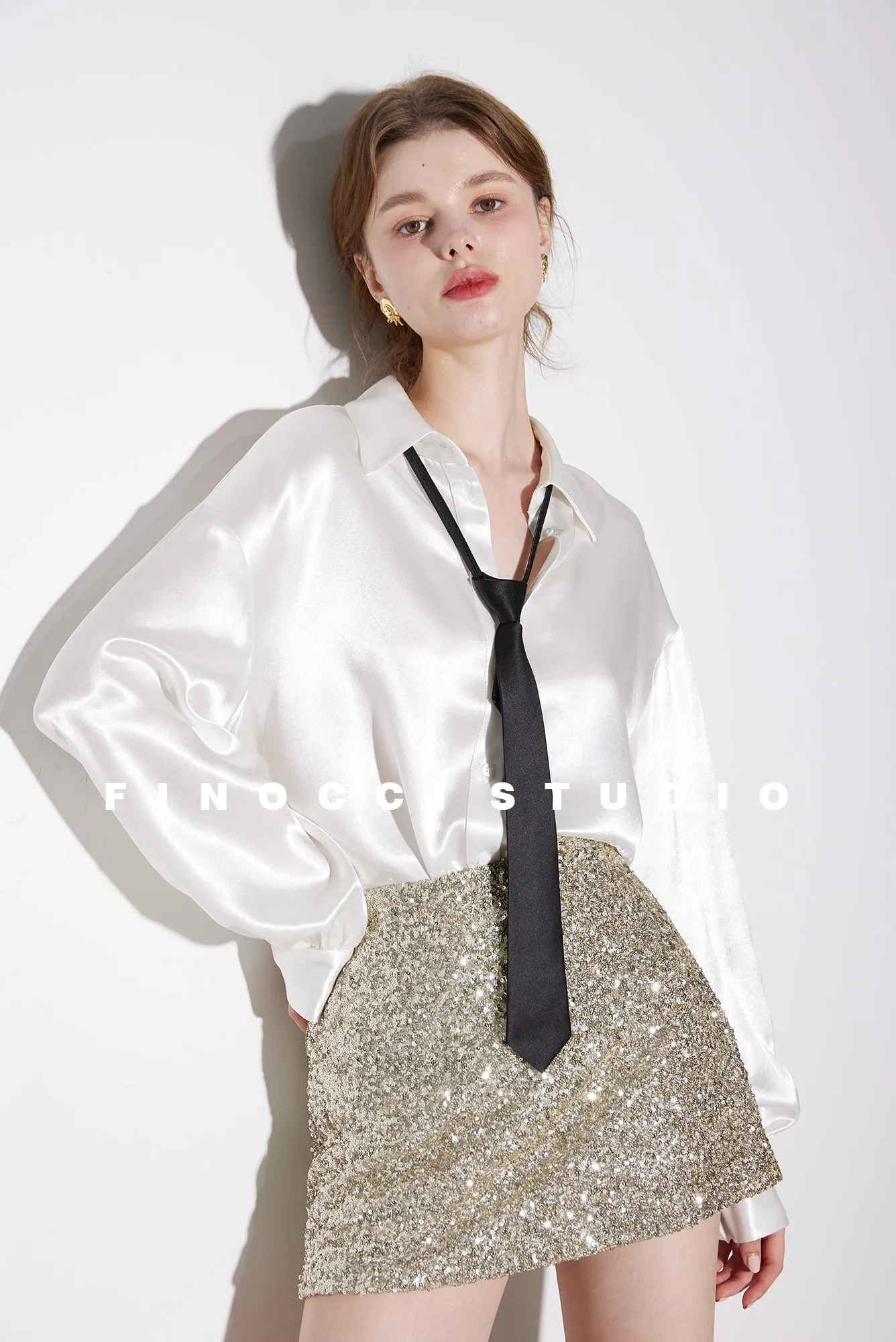 Acetate Satin womens mens inspired tie Shirt - Candid