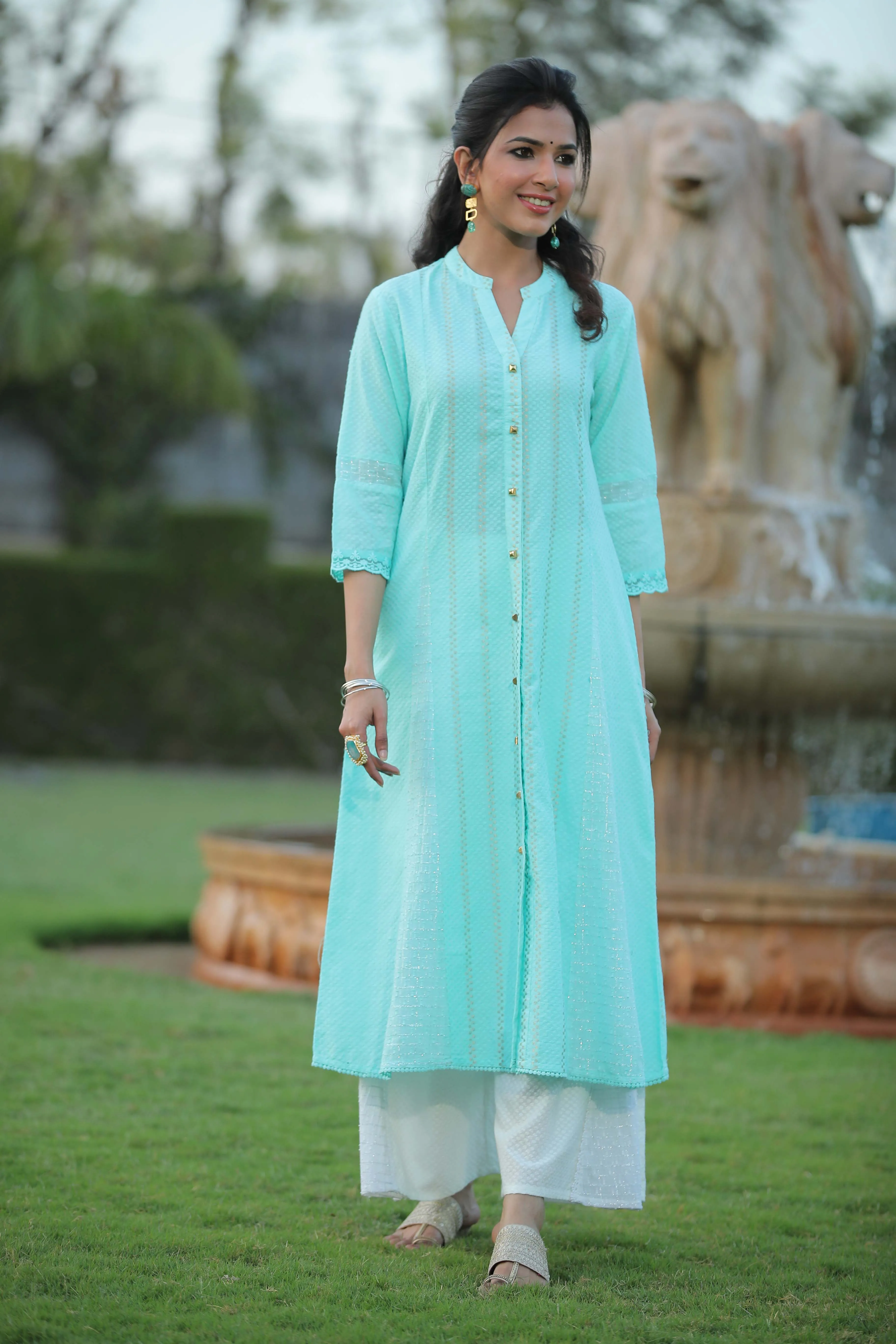 Aqua Blue Cotton Dobby A-Line Kurta