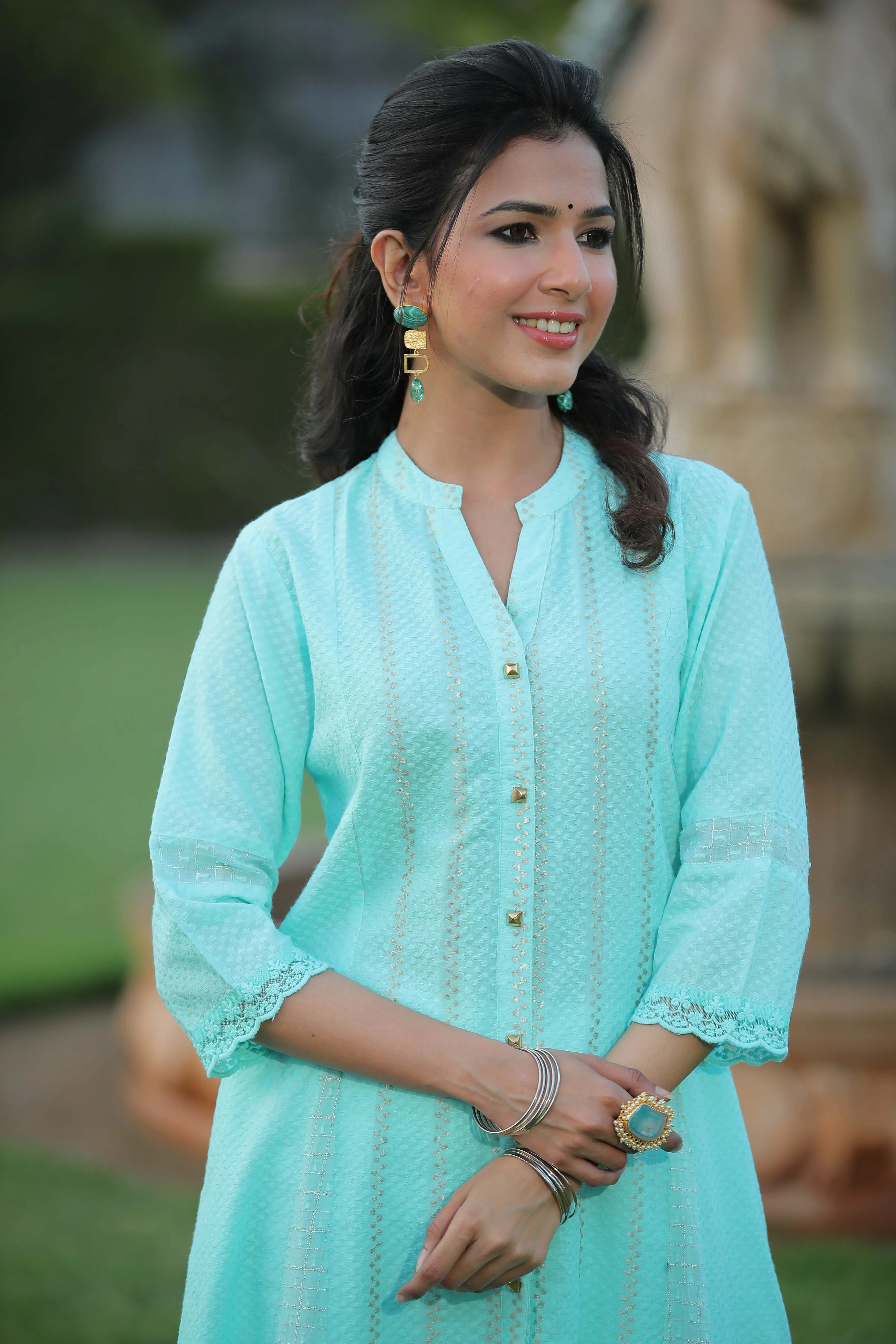 Aqua Blue Cotton Dobby A-Line Kurta