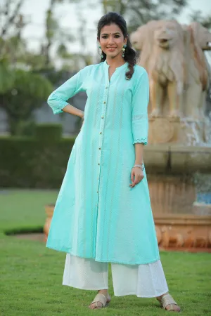 Aqua Blue Cotton Dobby A-Line Kurta