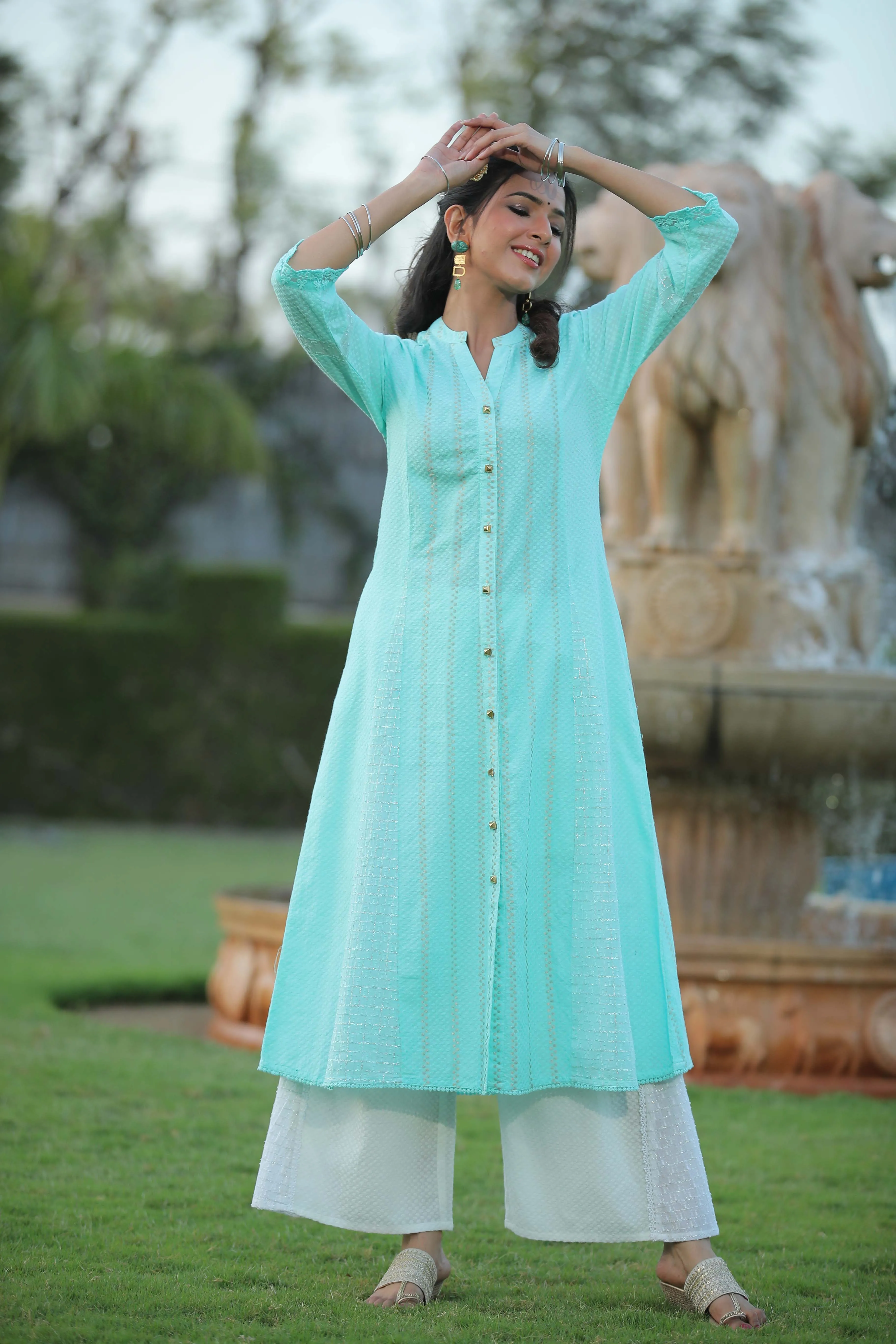 Aqua Blue Cotton Dobby A-Line Kurta