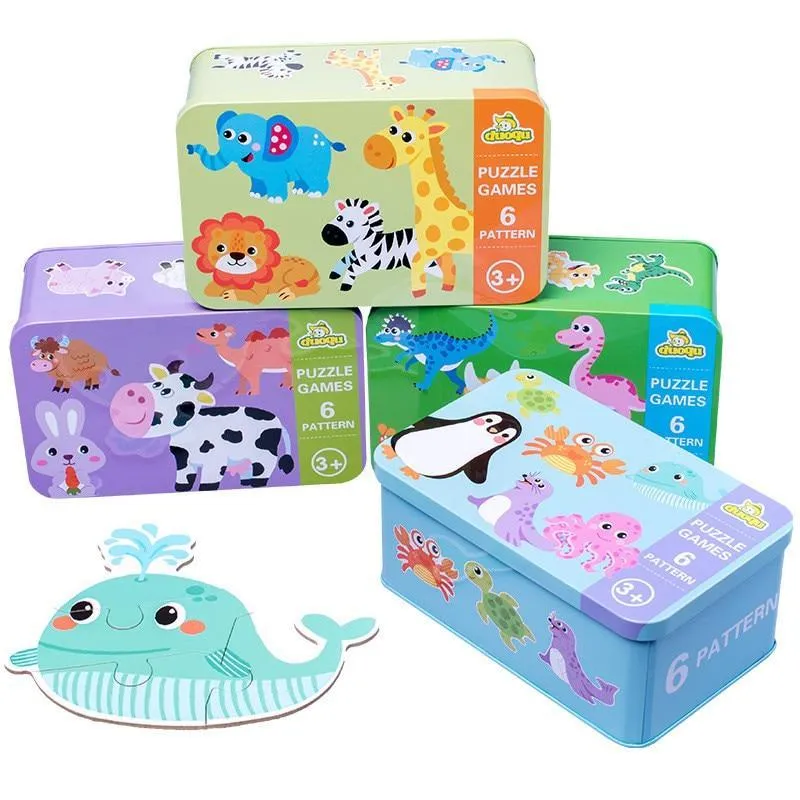 Baby Puzzle Toys Games Iron Box Cartoon 3D Animals Wooden Puzzle For Children Early Educational Toys Gifts For Kids