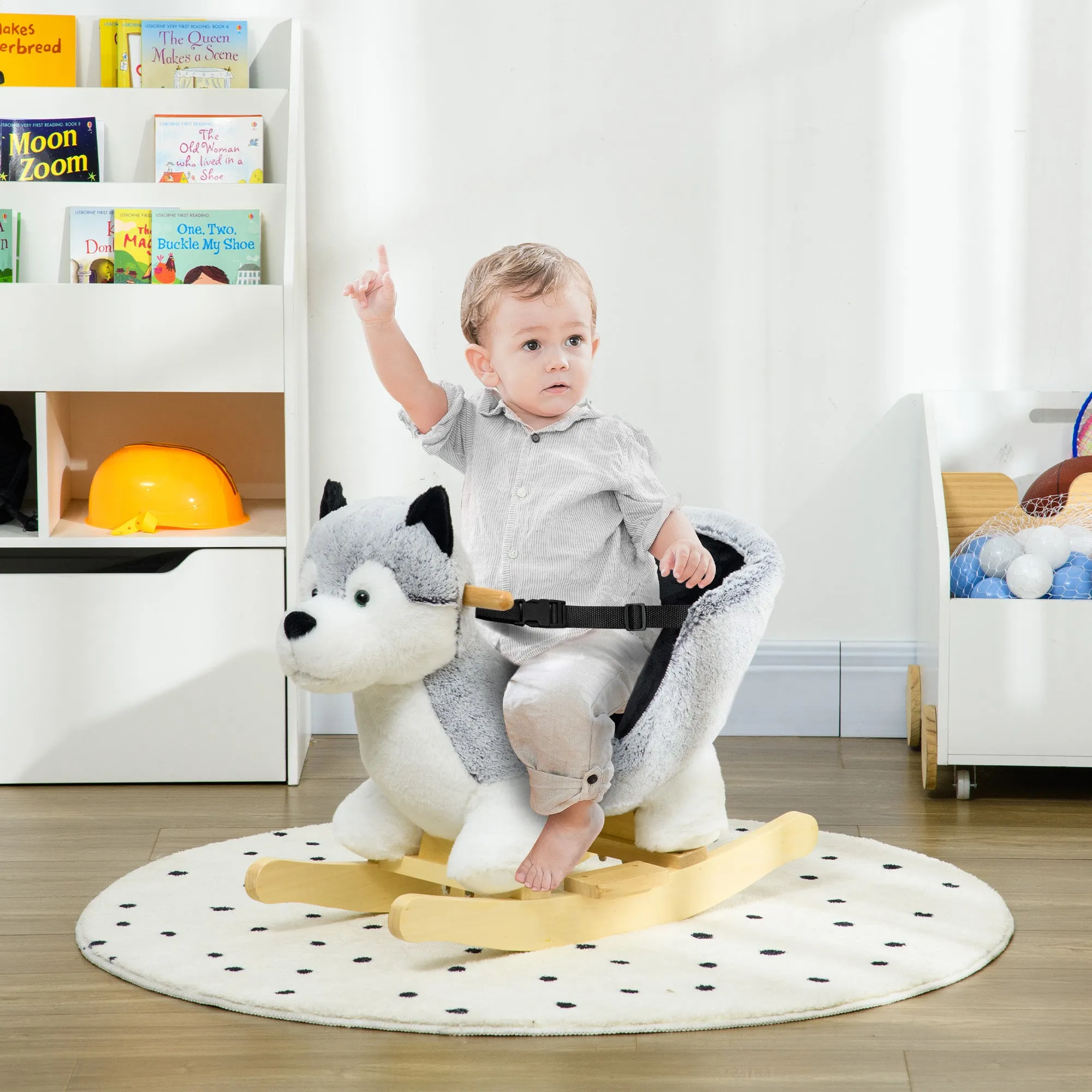 Baby Rocking Horse, Husky-shaped Plush Wooden Child Rocking Animal w/ Seat Belt, Ride on Toy for Kids 18-36 Months, Grey