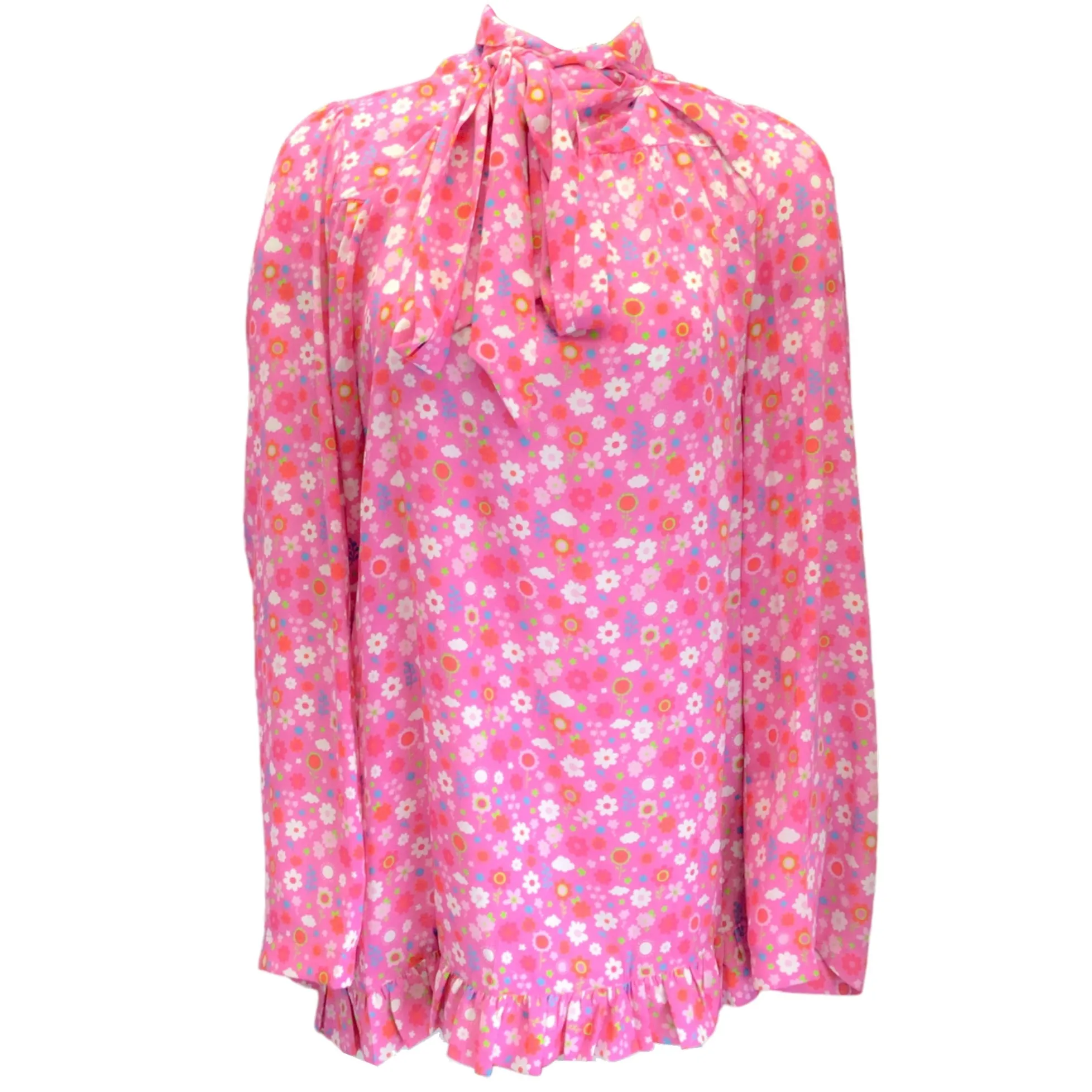 Balenciaga Pink Multi 2021 Tie-Neck Floral Printed Top