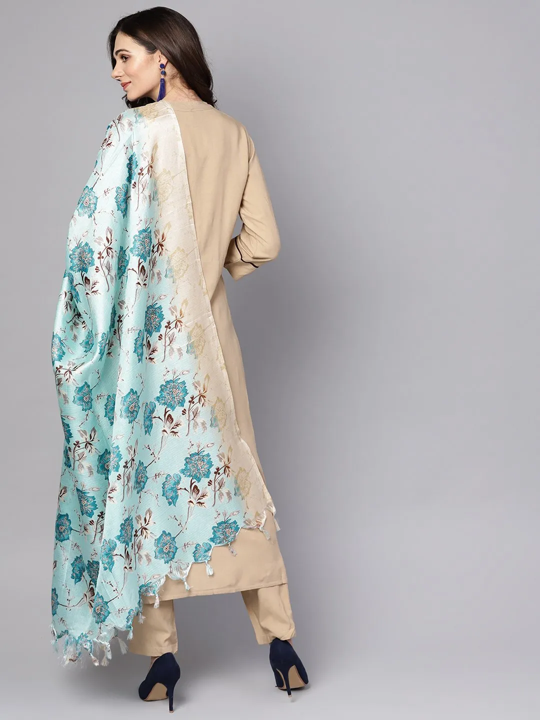 Beige 3/4Th Sleeve Rayon Kurta With Ankle Length Palazzo And Printed Dupatta