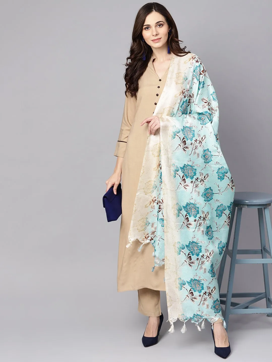 Beige 3/4Th Sleeve Rayon Kurta With Ankle Length Palazzo And Printed Dupatta