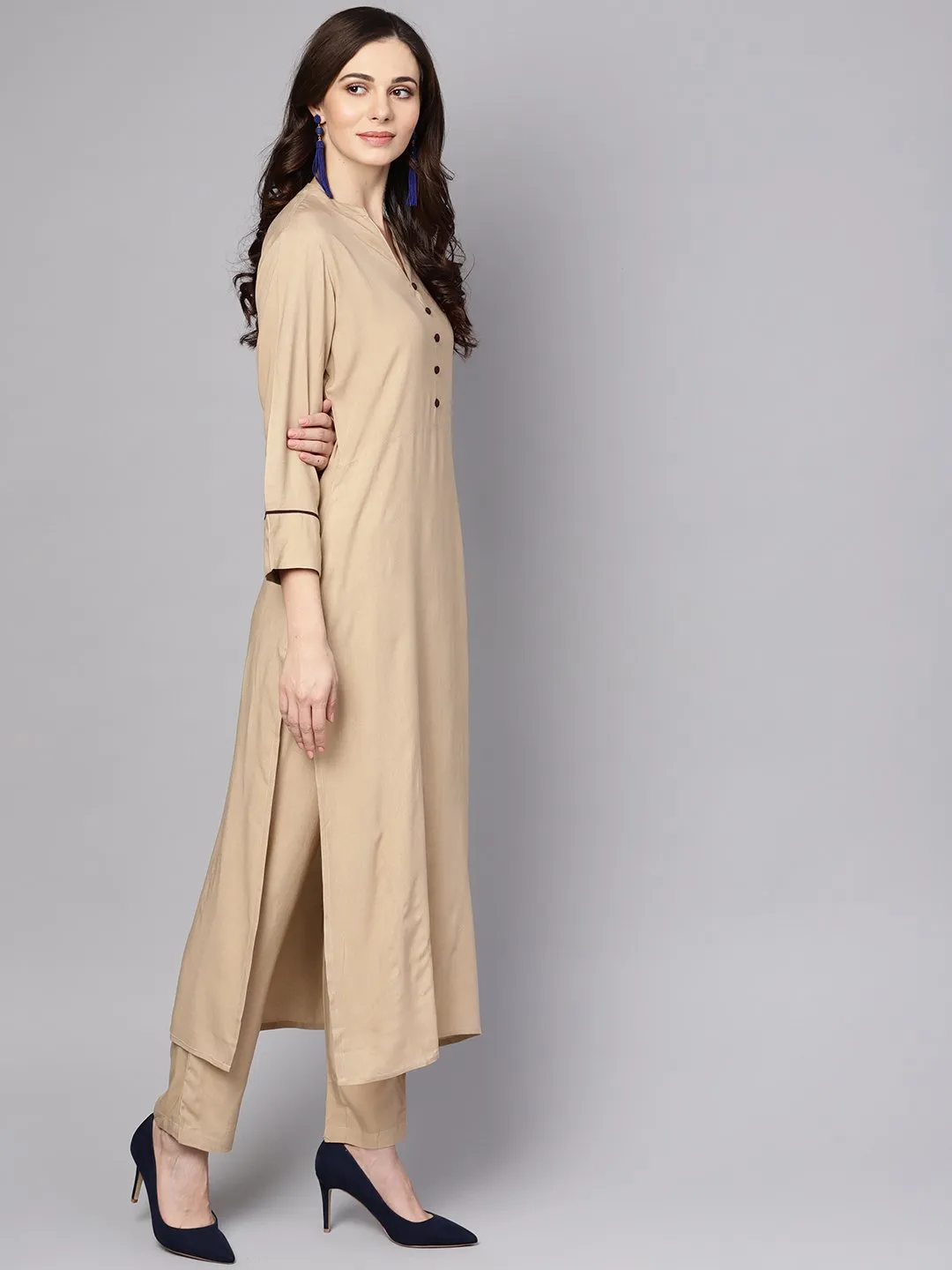 Beige 3/4Th Sleeve Rayon Kurta With Ankle Length Palazzo And Printed Dupatta