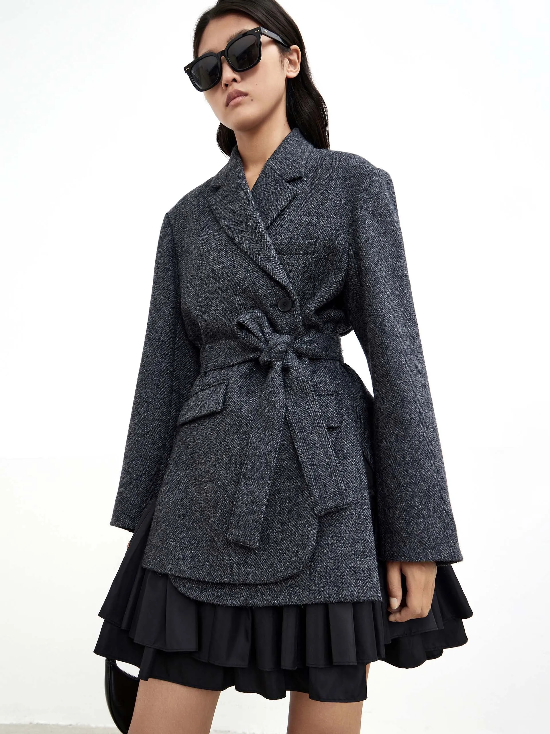 Belted Textured Blazer in Wool