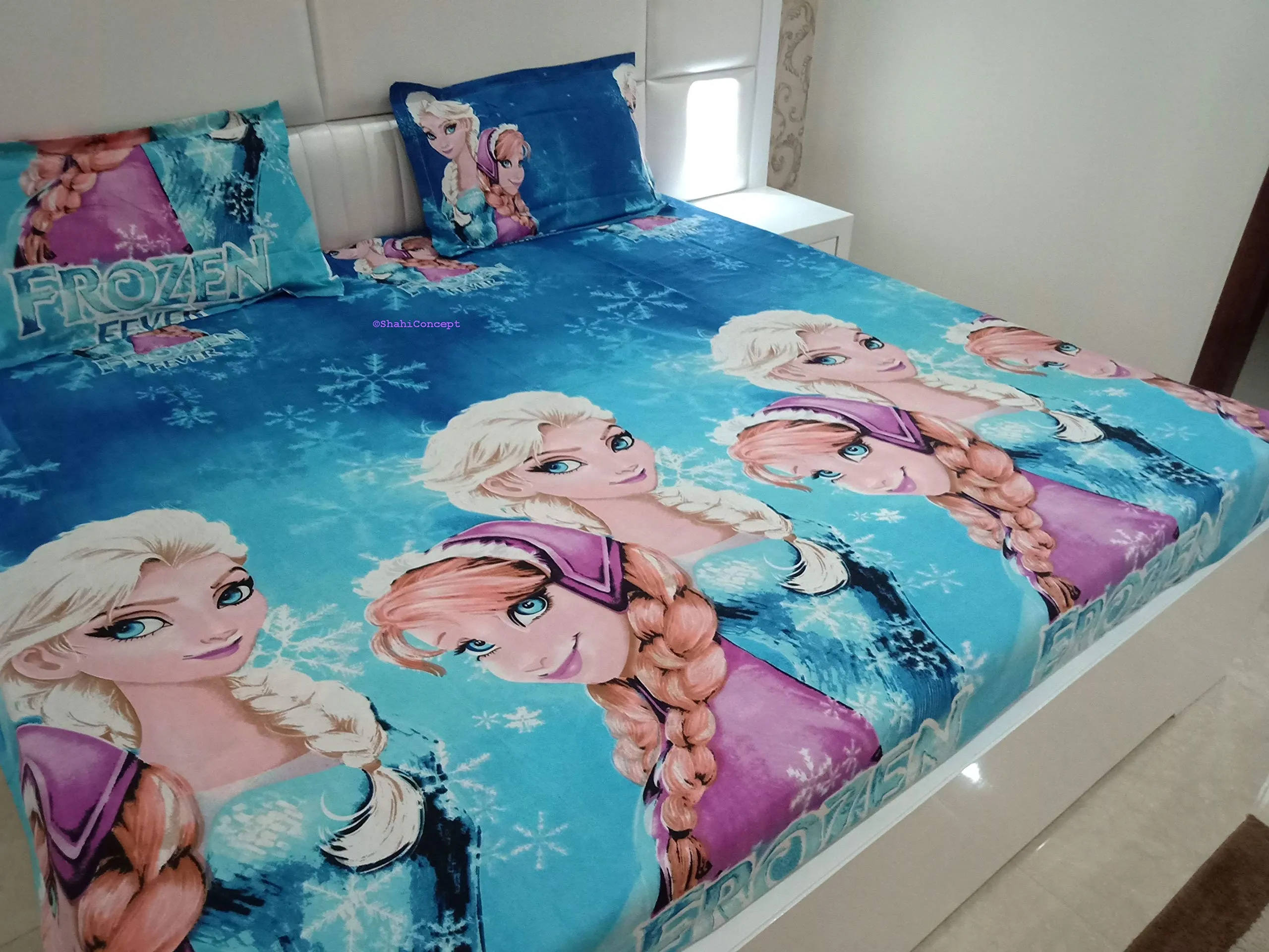 BhaiJi Polycotton Kids Cartoon Bedsheet for Double Bed with 2 Pillow Covers, Girl Birthday Gift, Loose PVC Pack