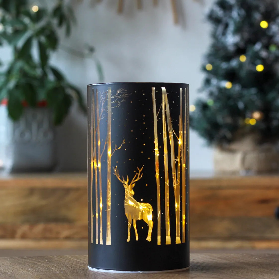 Black & Gold Light Up LED Winter Forest Votive