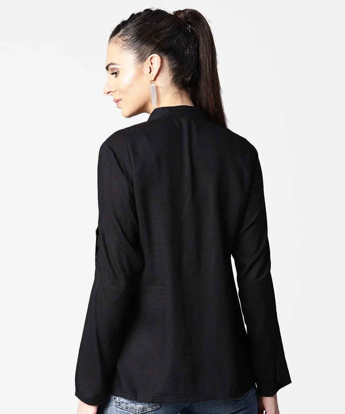 Black Full Sleeve Rayon Tops With Printed Yoke