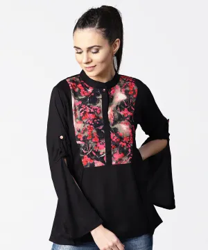 Black Full Sleeve Rayon Tops With Printed Yoke