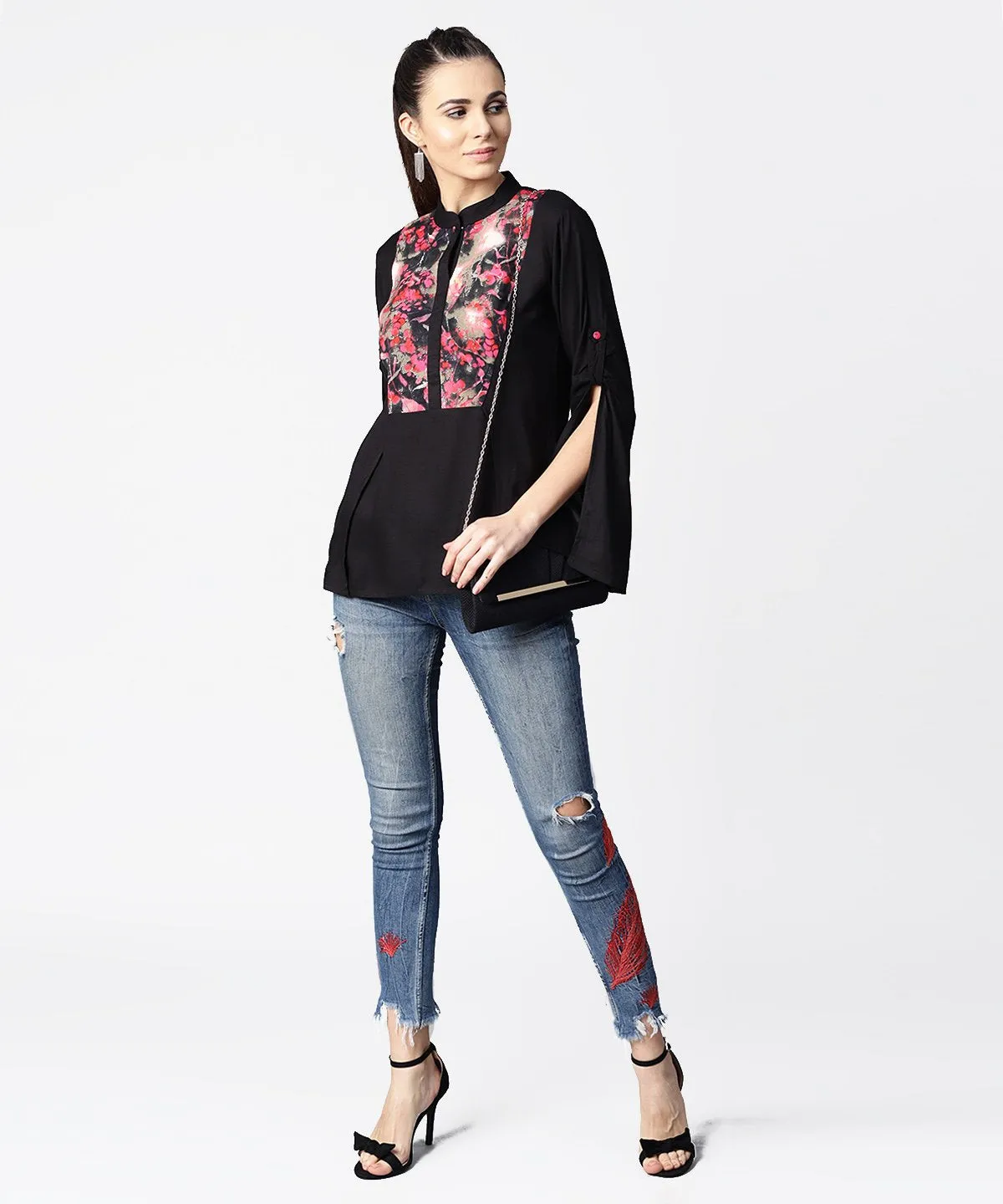 Black Full Sleeve Rayon Tops With Printed Yoke