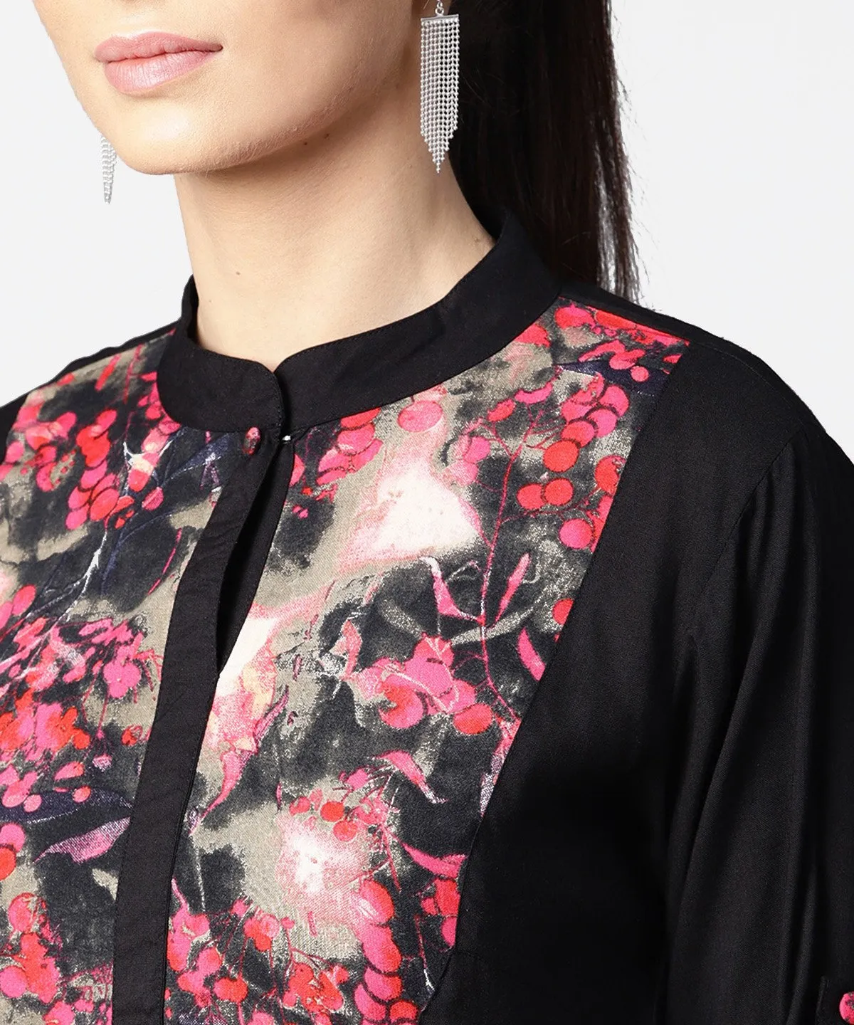 Black Full Sleeve Rayon Tops With Printed Yoke