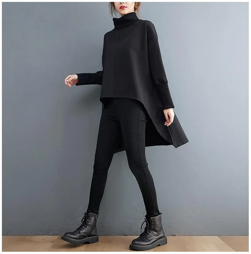 Black Irregular Turtleneck Long Sleeves Women Fall Shirts