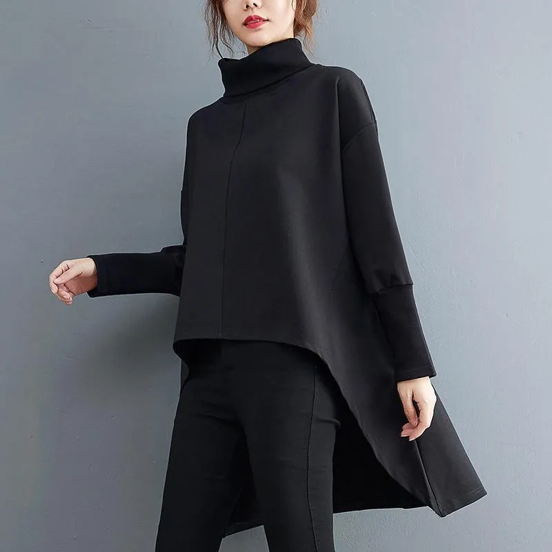 Black Irregular Turtleneck Long Sleeves Women Fall Shirts