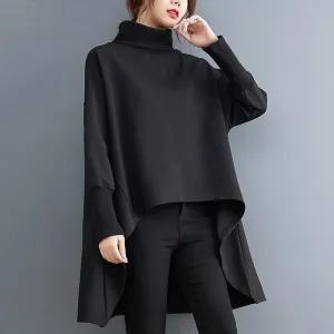 Black Irregular Turtleneck Long Sleeves Women Fall Shirts