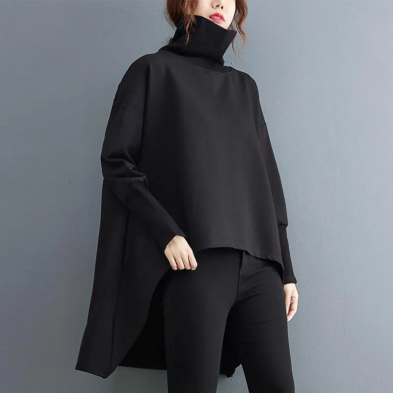 Black Irregular Turtleneck Long Sleeves Women Fall Shirts