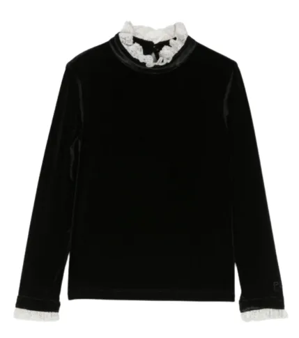 Black Long Sleeves Velvet T-shirt with Lace and Logo