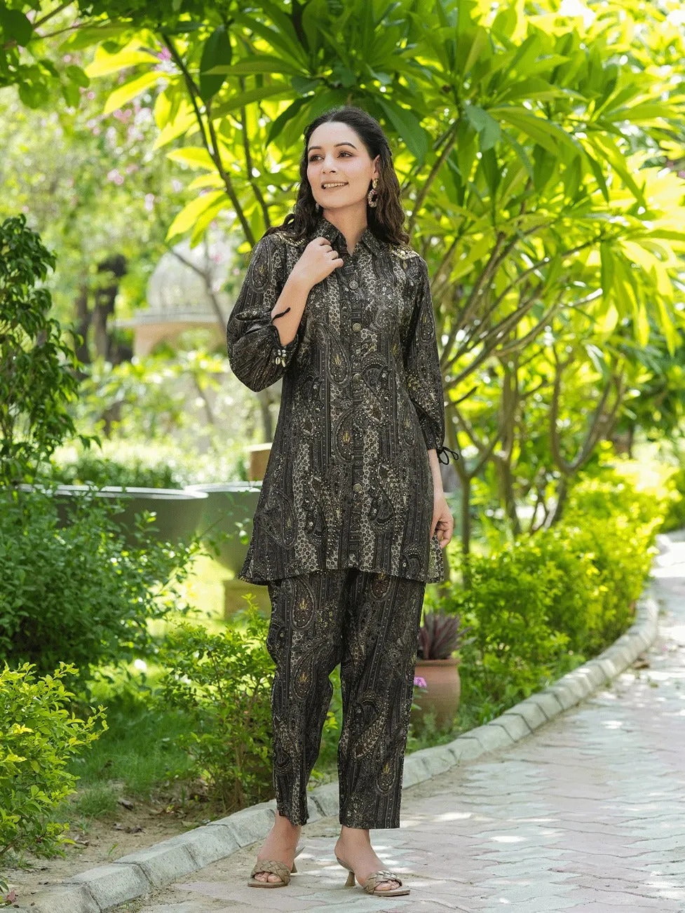 Black Printed Shirt With Straight Trouser Co-Ords