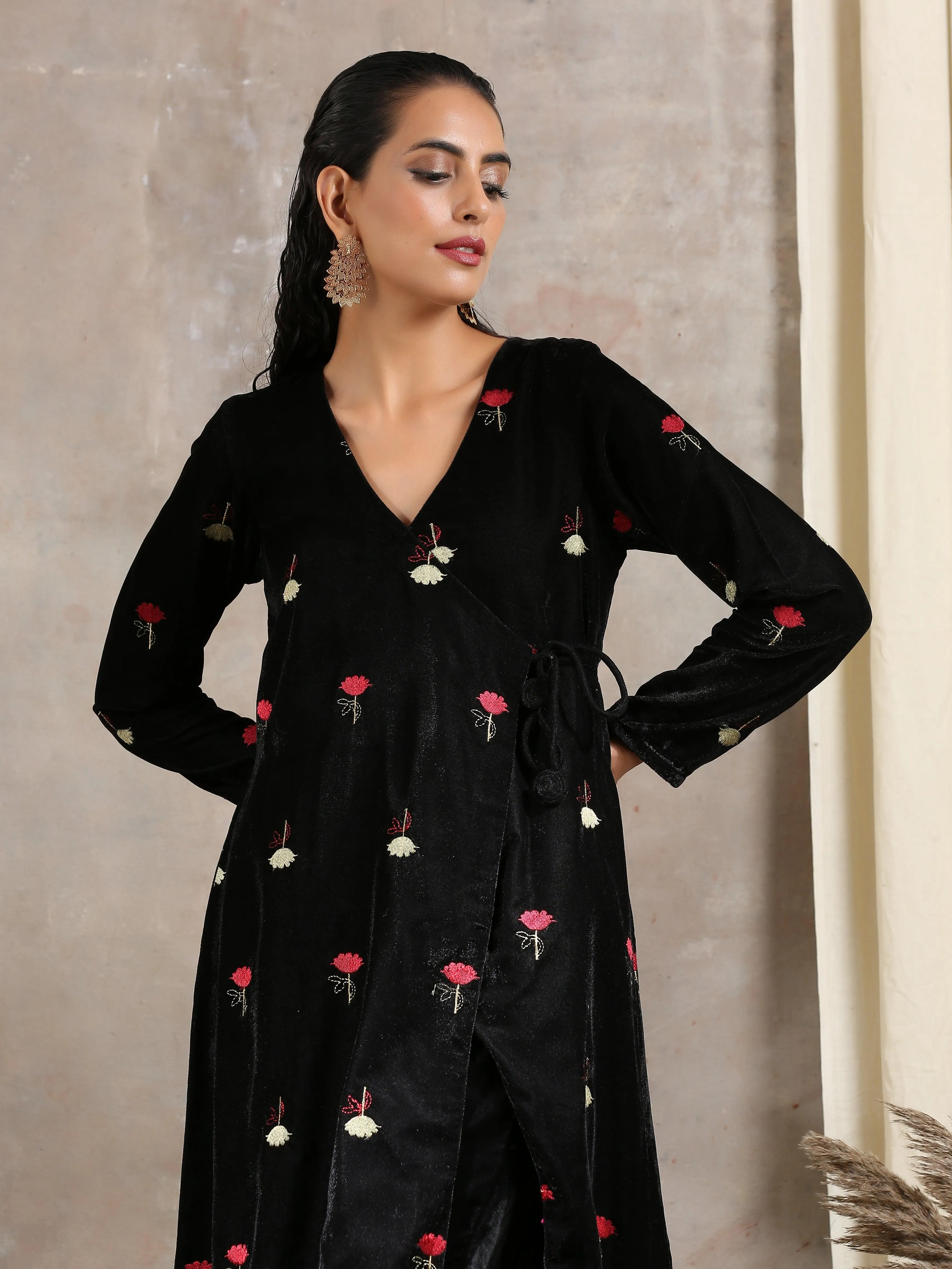 Black Velvet Embroidered Angrakha