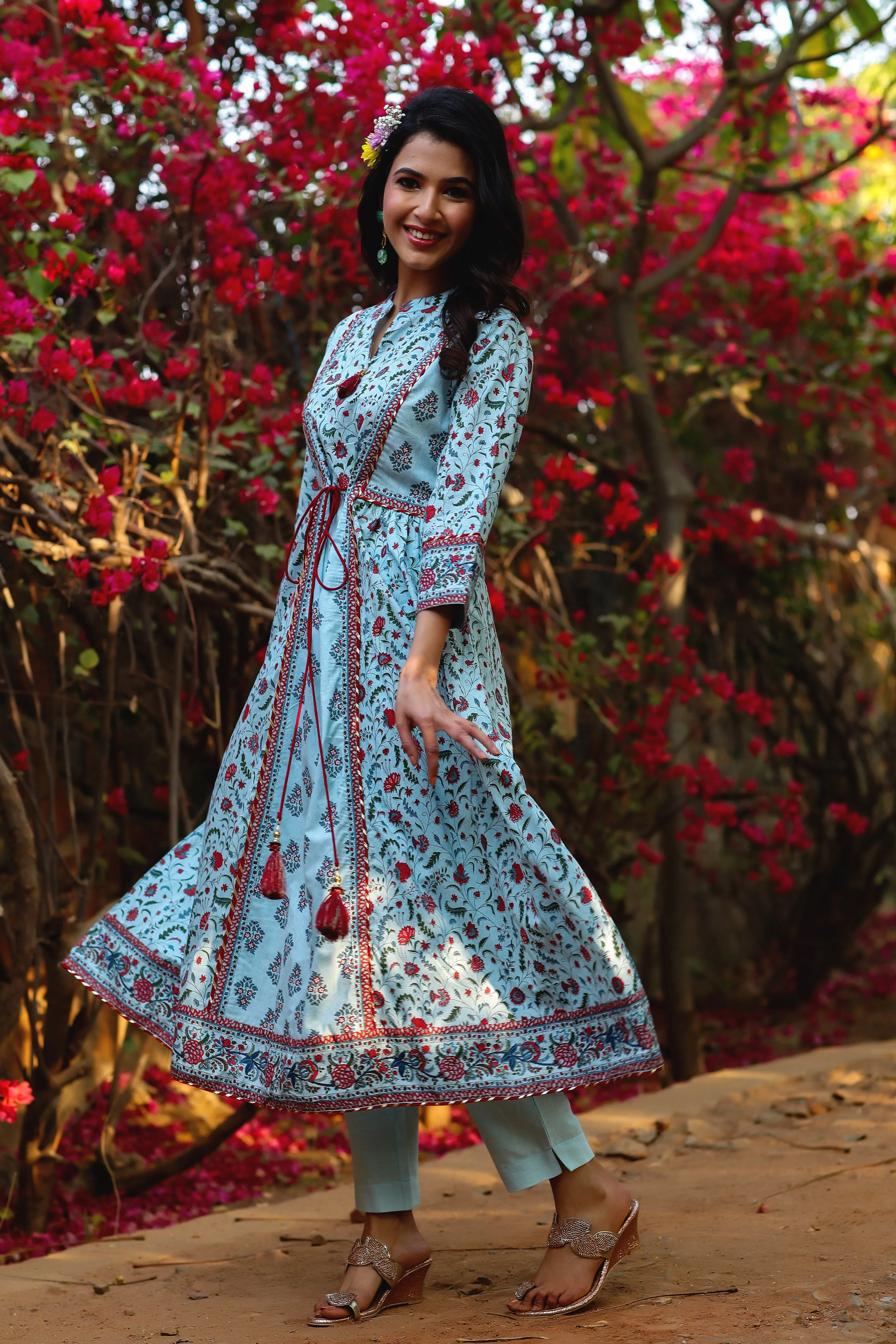 Blue Cotton Cambric Printed Flared Kurta