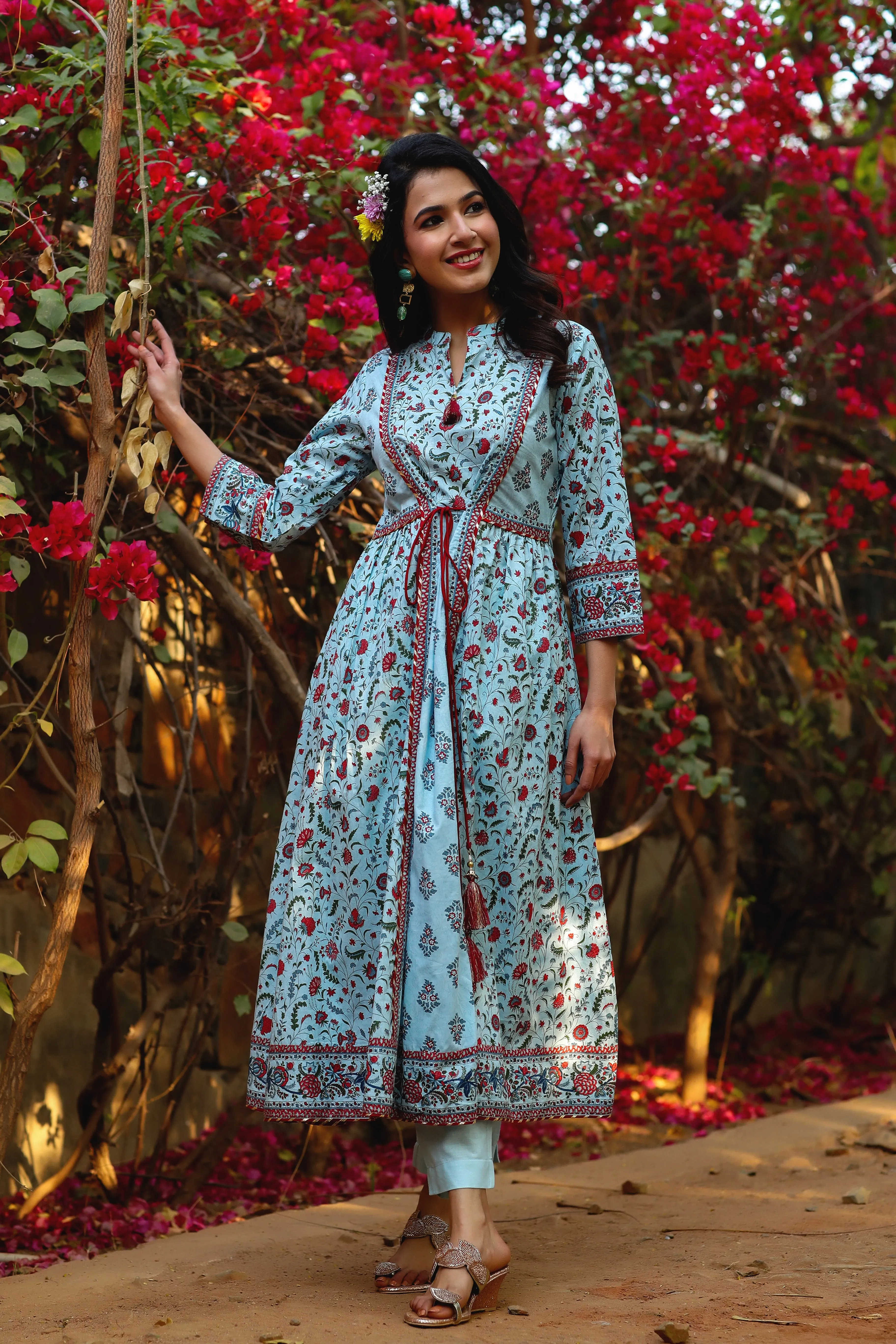 Blue Cotton Cambric Printed Flared Kurta