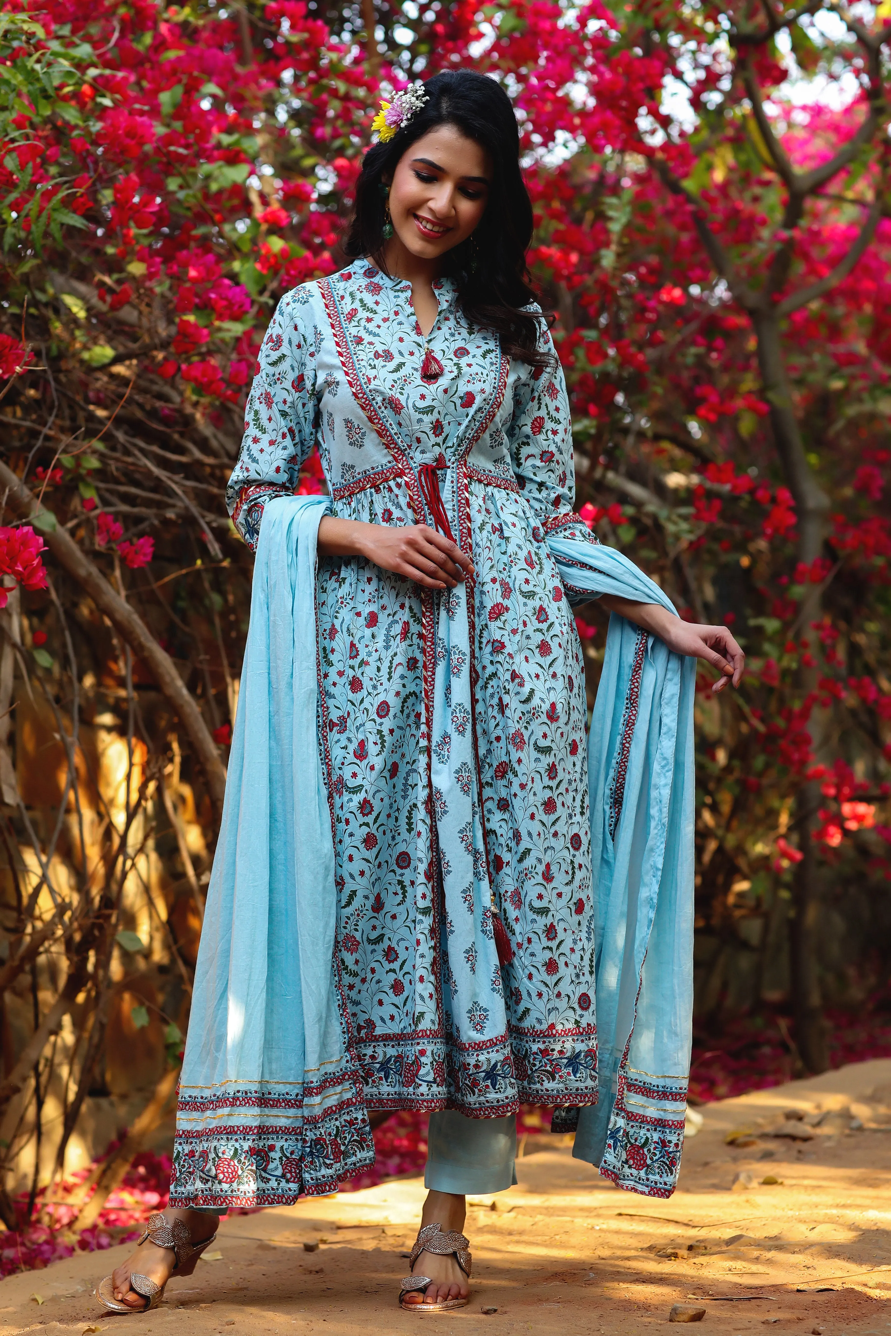 Blue Cotton Cambric Printed Flared Kurta