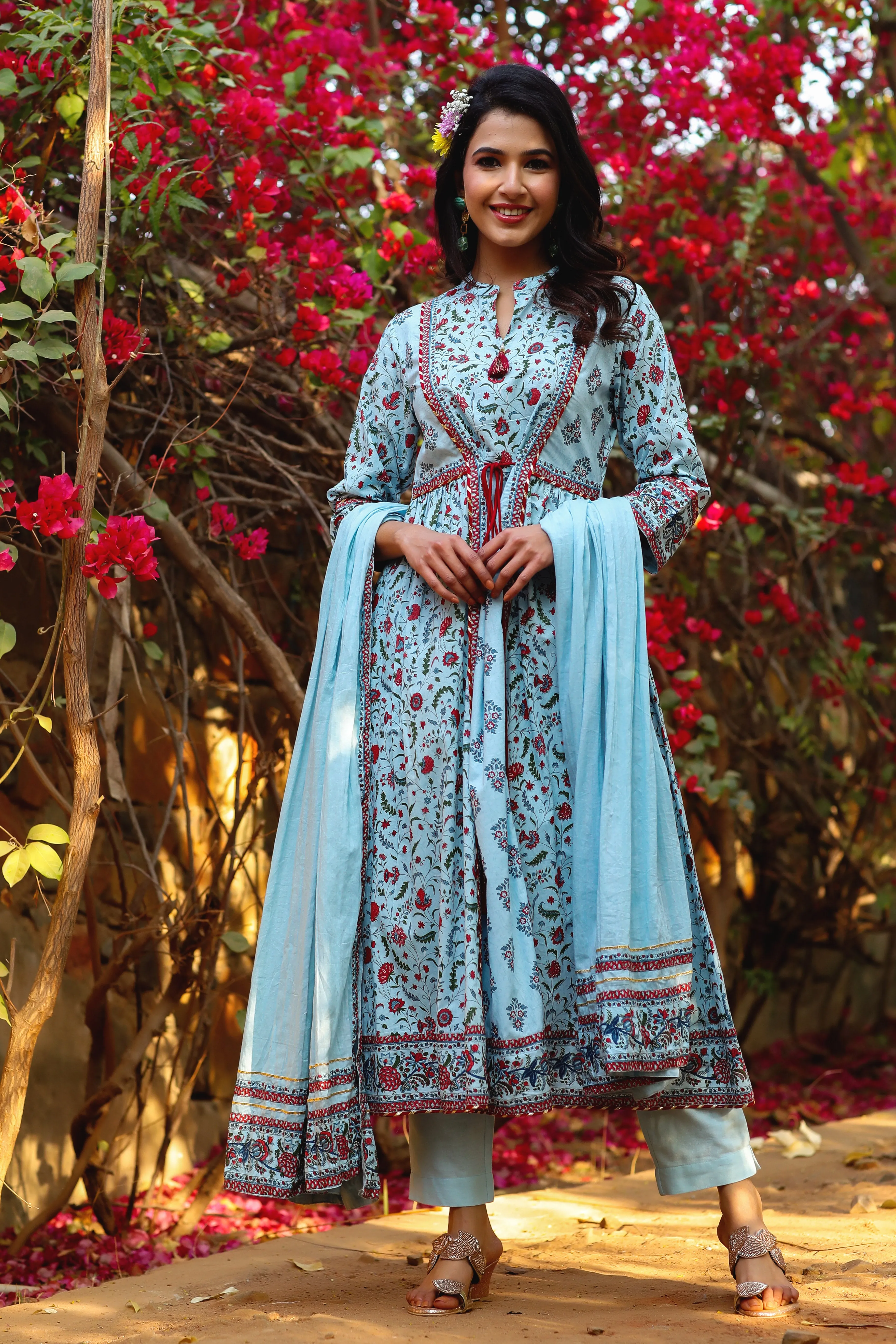 Blue Cotton Cambric Printed Flared Kurta