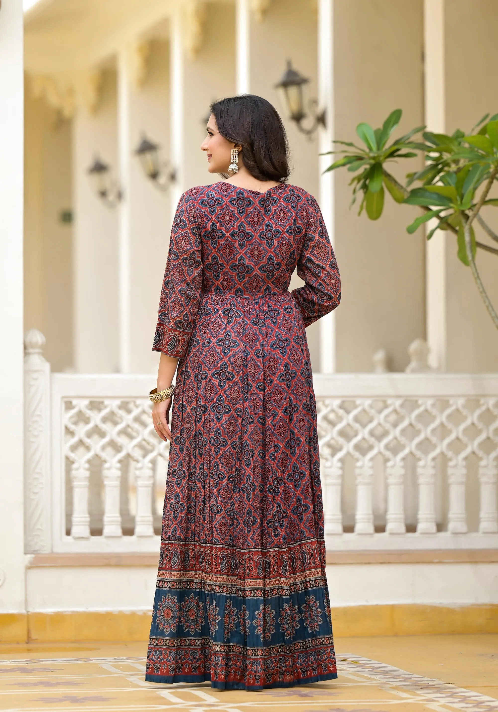 Blue Ethnic Motif Printed Cotton Dress With Sequins & Beads