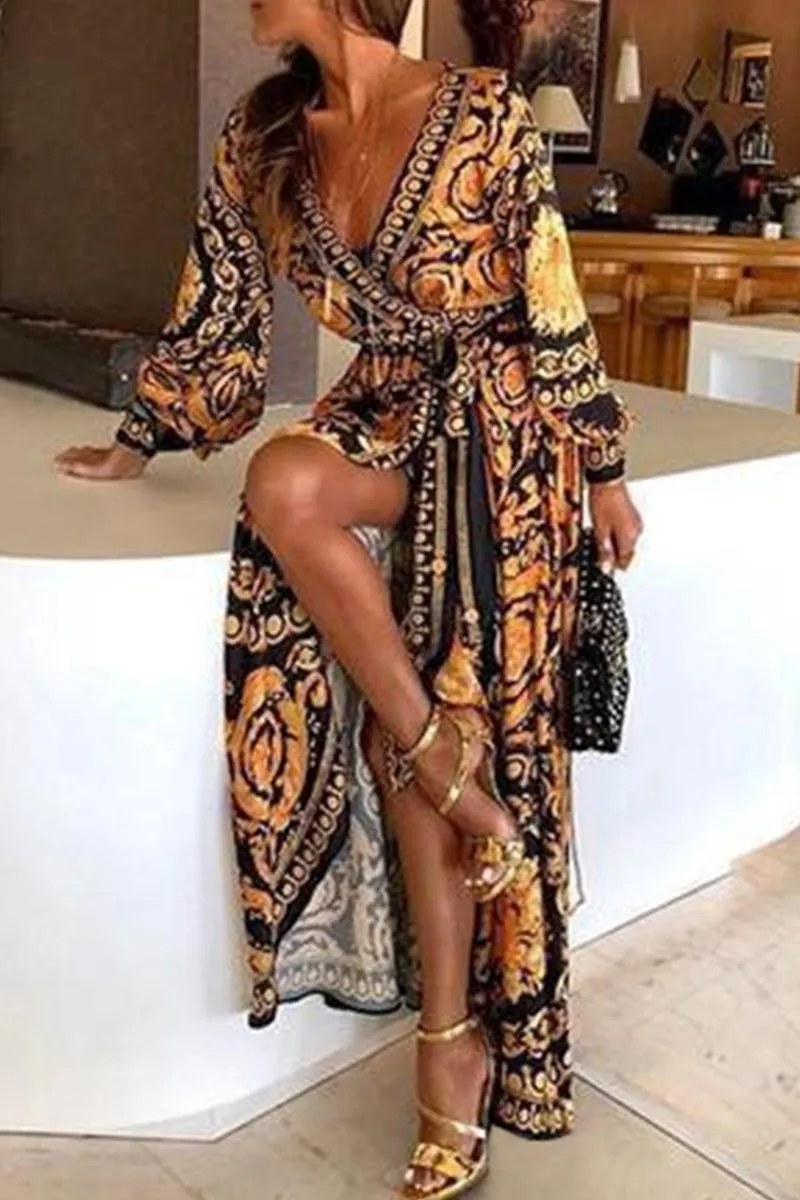 Bohemian Print Patchwork With Belt V Neck Printed Dress Dresses