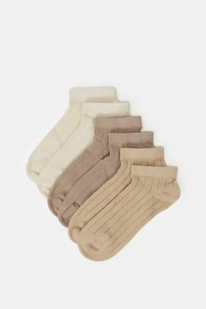 Boys Beige Ankle Length Ribbed Socks (3 Pairs)