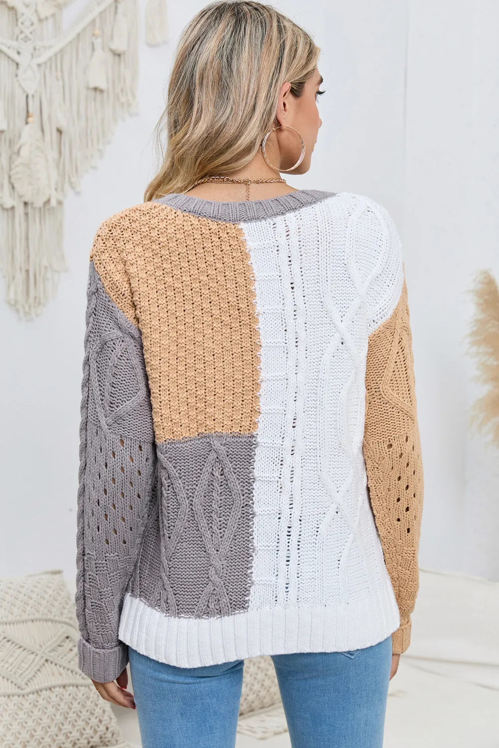 Brown Casual Colorblock Mixed Textured Sweater