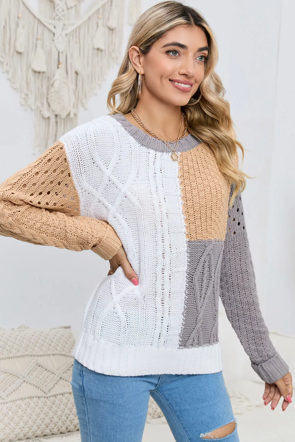 Brown Casual Colorblock Mixed Textured Sweater