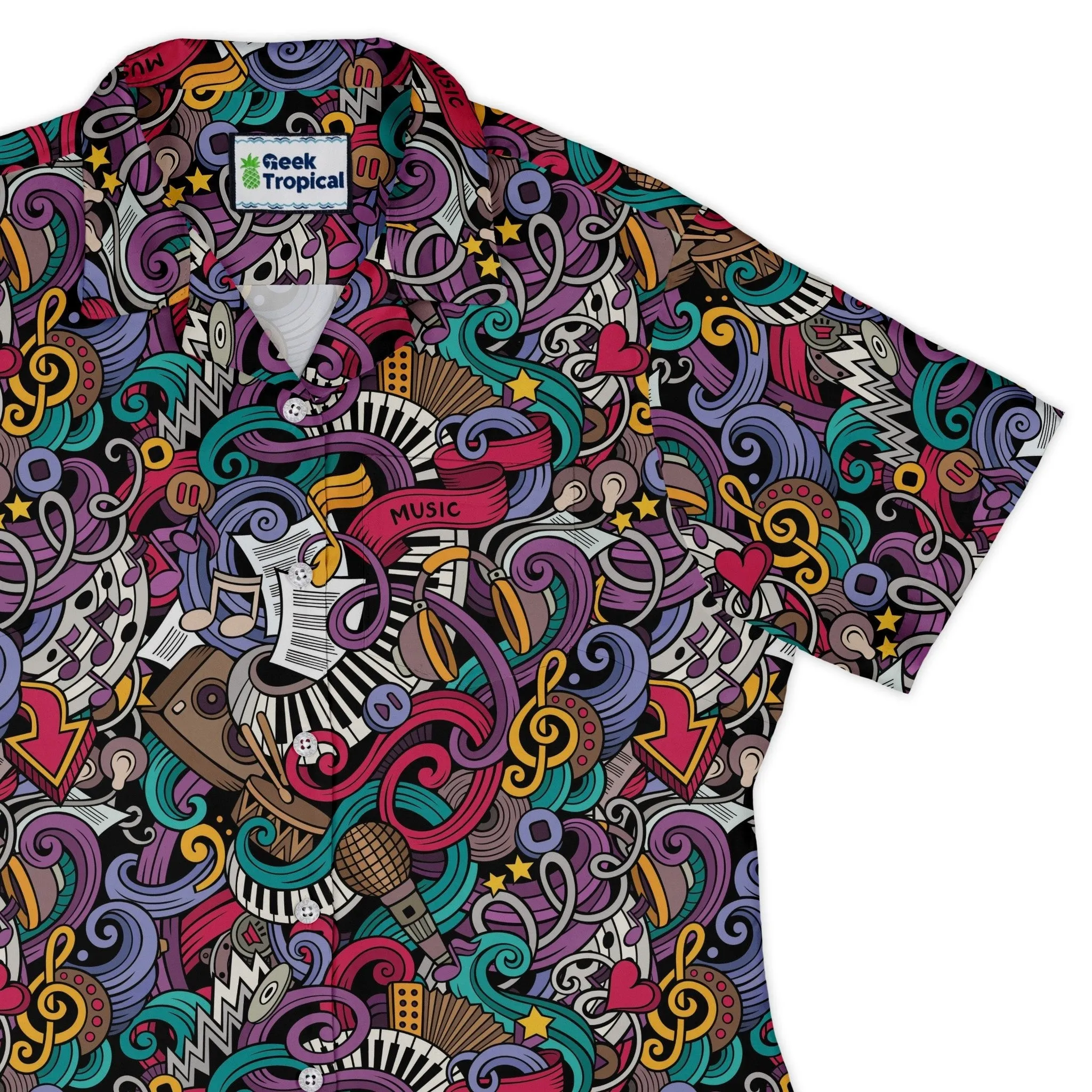 Cartoon Music Doodles Curvy Button Up Shirt