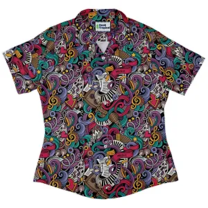 Cartoon Music Doodles Curvy Button Up Shirt