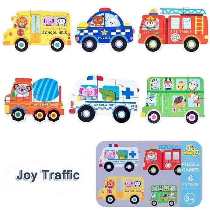 Children's  Wooden Puzzle Baby Early Educational Toys Cartoon Animal Traffic Wood Jigsaw Puzzles of The Six-in-One Toy