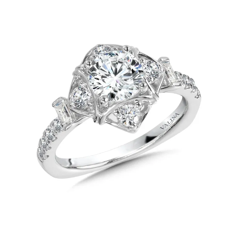 Cushion-Shaped Halo Engagement Ring w/ Baguette Diamonds