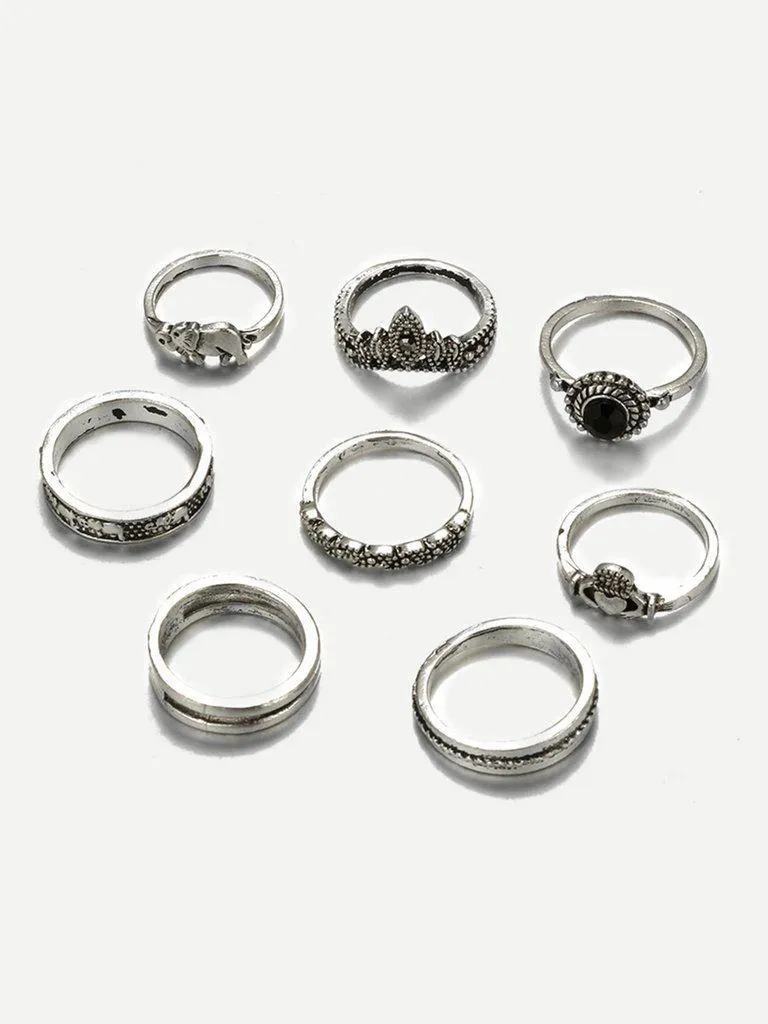 Elephant & Gemstone Rings Set 8pcs