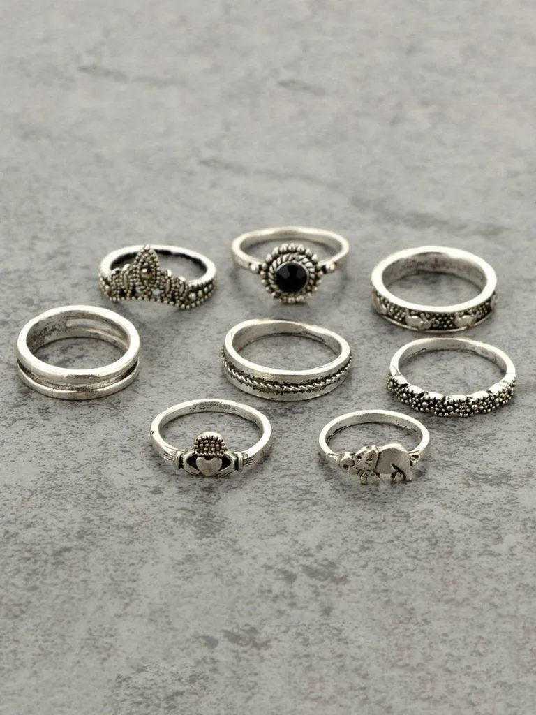 Elephant & Gemstone Rings Set 8pcs