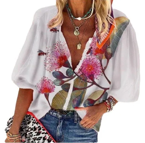 Fashion casual plant print V-neck top