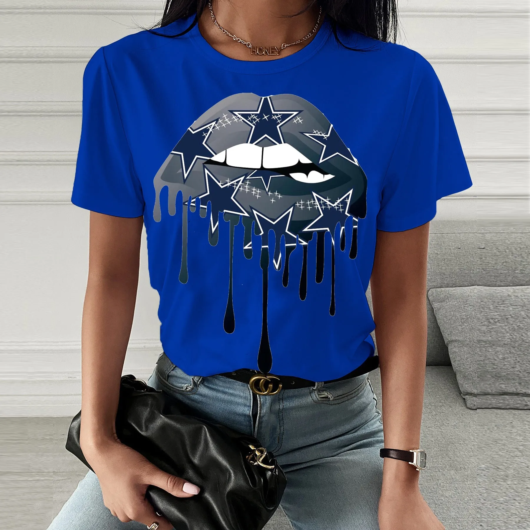 Fashion  spring and summer lip printing short-sleeved T-shirt