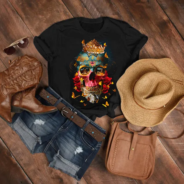 Fashion  spring and summer skull printing  short-sleeved T-shirt